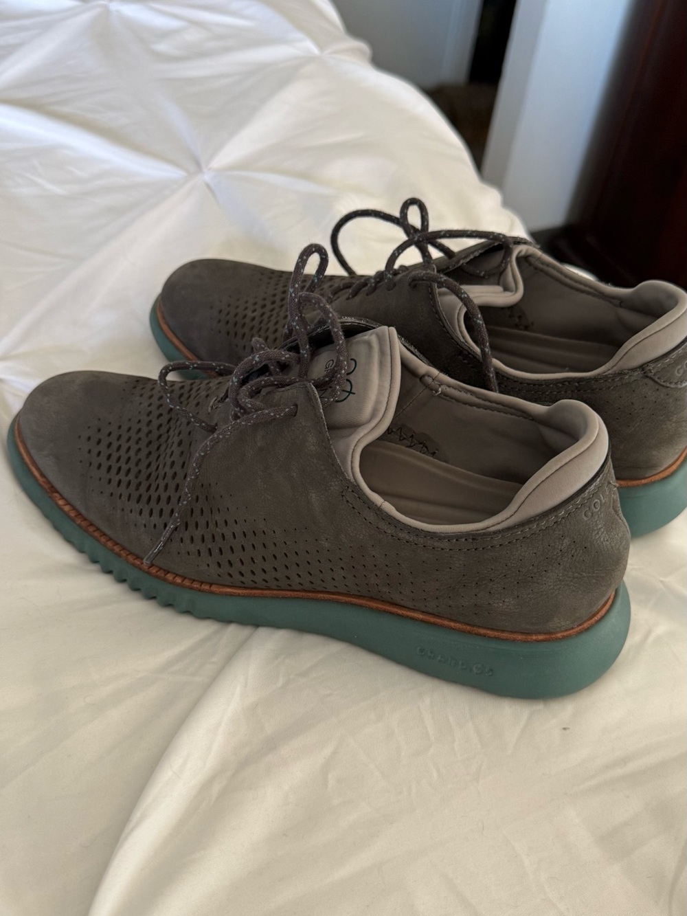 Cole Haan Gray Perforated Oxfords with Teal Sole